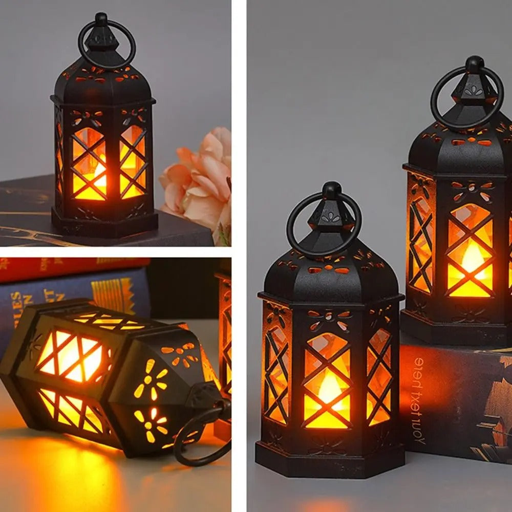 Antique Black Hexagonal LED Candle Lamp – Portable Windproof Decorative Lantern
