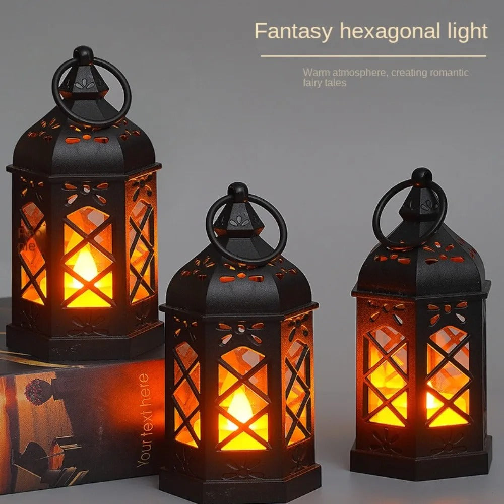 Antique Black Hexagonal LED Candle Lamp – Portable Windproof Decorative Lantern